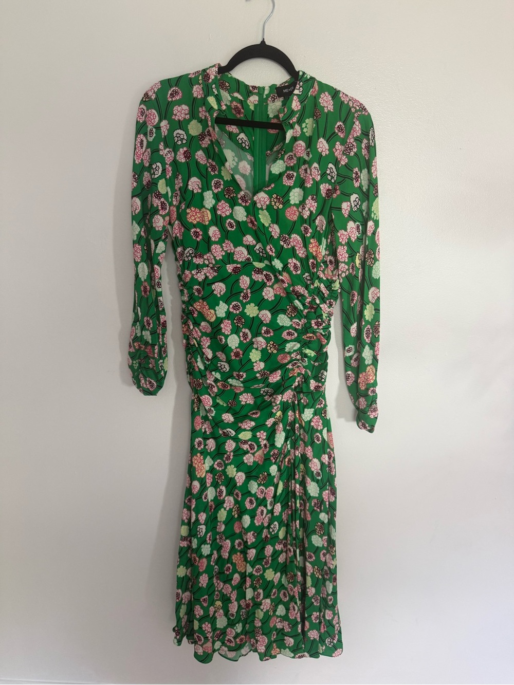 NWT ME+EM Dress Lantana Flower Print Midi Ruched in Green Pink Multi - Picture 5 of 10